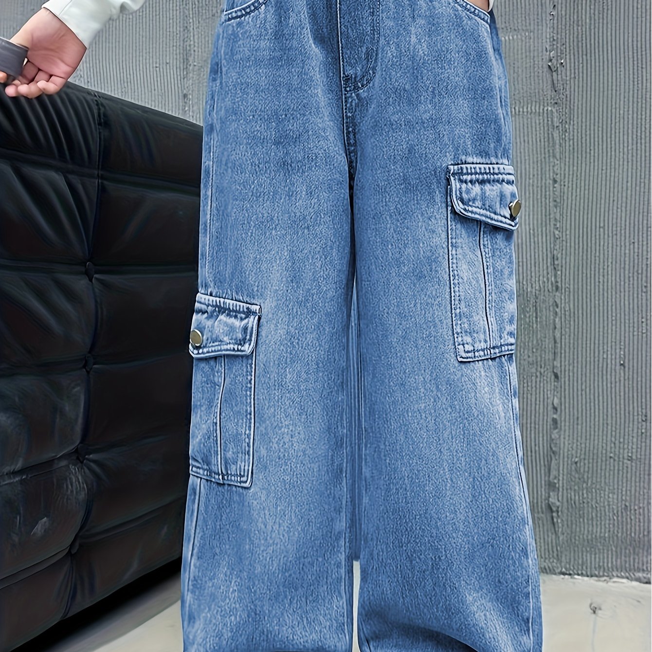 Girls Y2K Denim Jean Pants, Fashionable Straight-Leg Cargo Jeans with Multiple Pockets, Stretch Waistband, Comfortable Fabric for All Seasons, Long Length, Casual Outdoor, Skateboarding & Rollerblading, for Ages 7-15