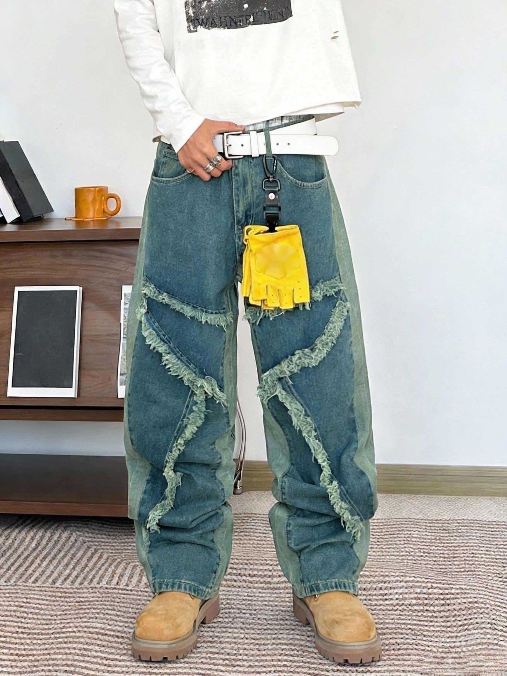 Men's Irregularly Stitched Wide Leg Jeans, Unisex Loose Jeans with Pockets, Casual Style Streetwear, Y2K Style Pants, Suitable for Men And Teenagers, Suitable for All Seasons, High Street Style