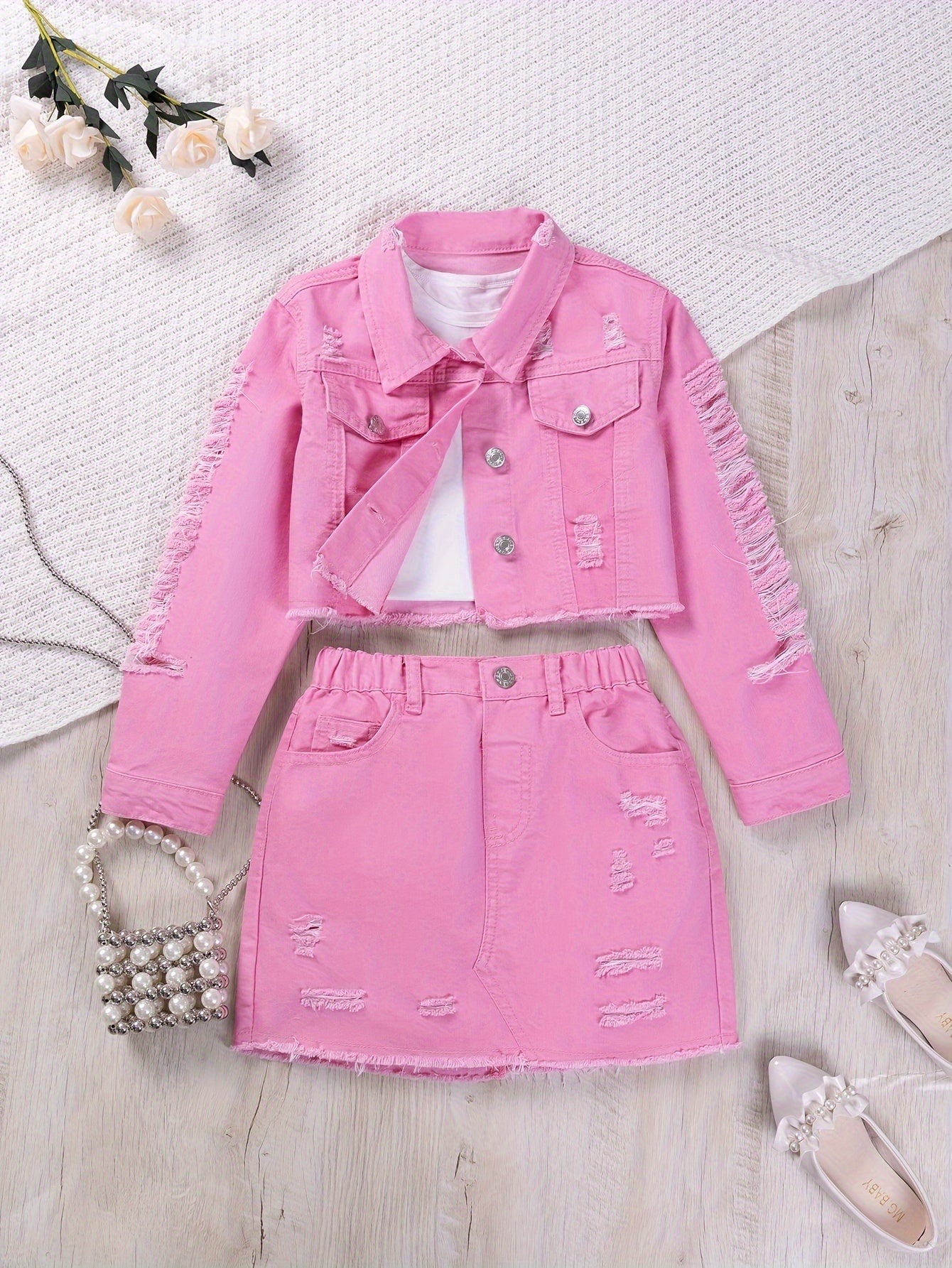 1 Set Comfy Ripped Jean Girl's Jacket Top + Skirt Co-ords Set for Spring/Summer Outdoor Outfit