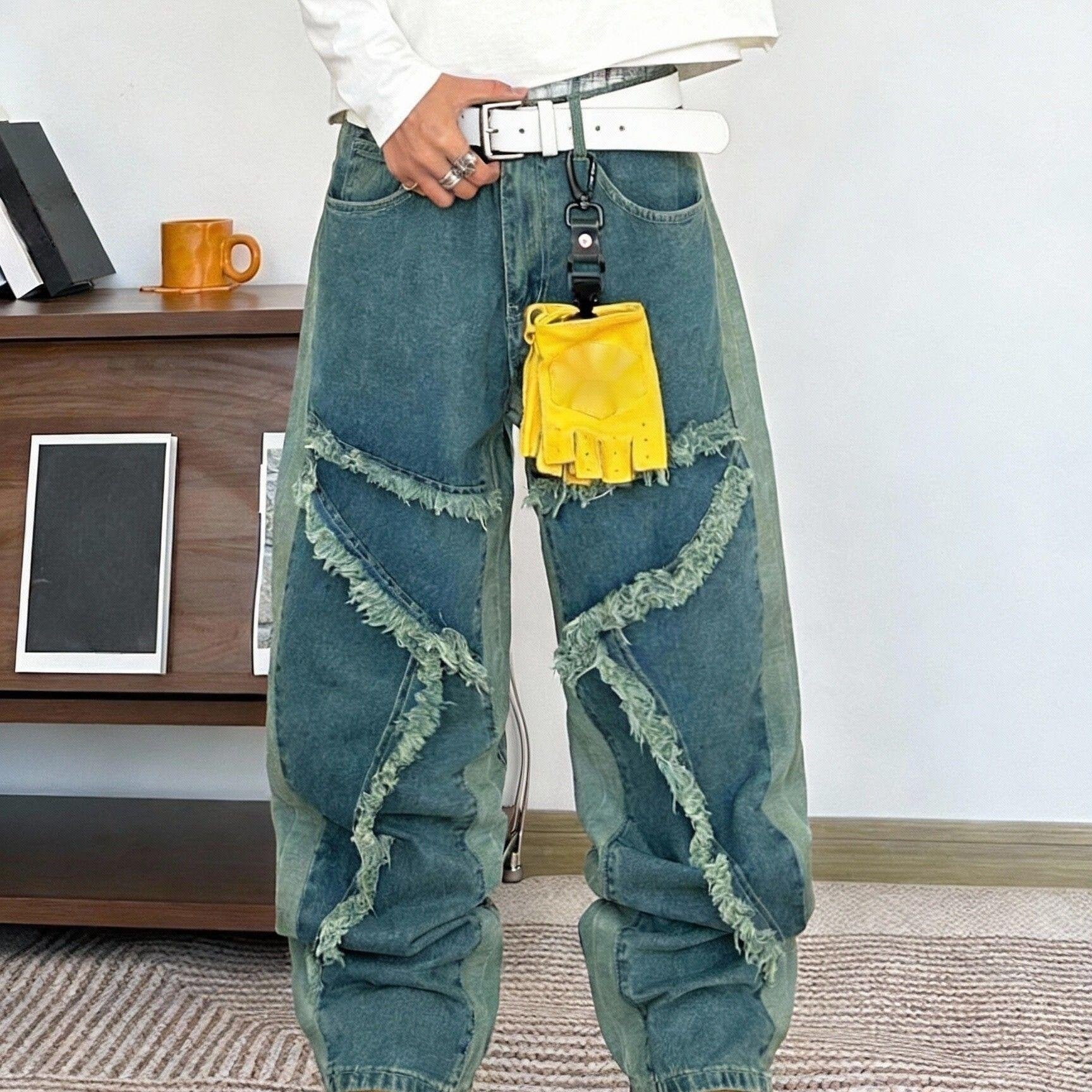 Men's Irregularly Stitched Wide Leg Jeans, Unisex Loose Jeans with Pockets, Casual Style Streetwear, Y2K Style Pants, Suitable for Men And Teenagers, Suitable for All Seasons, High Street Style