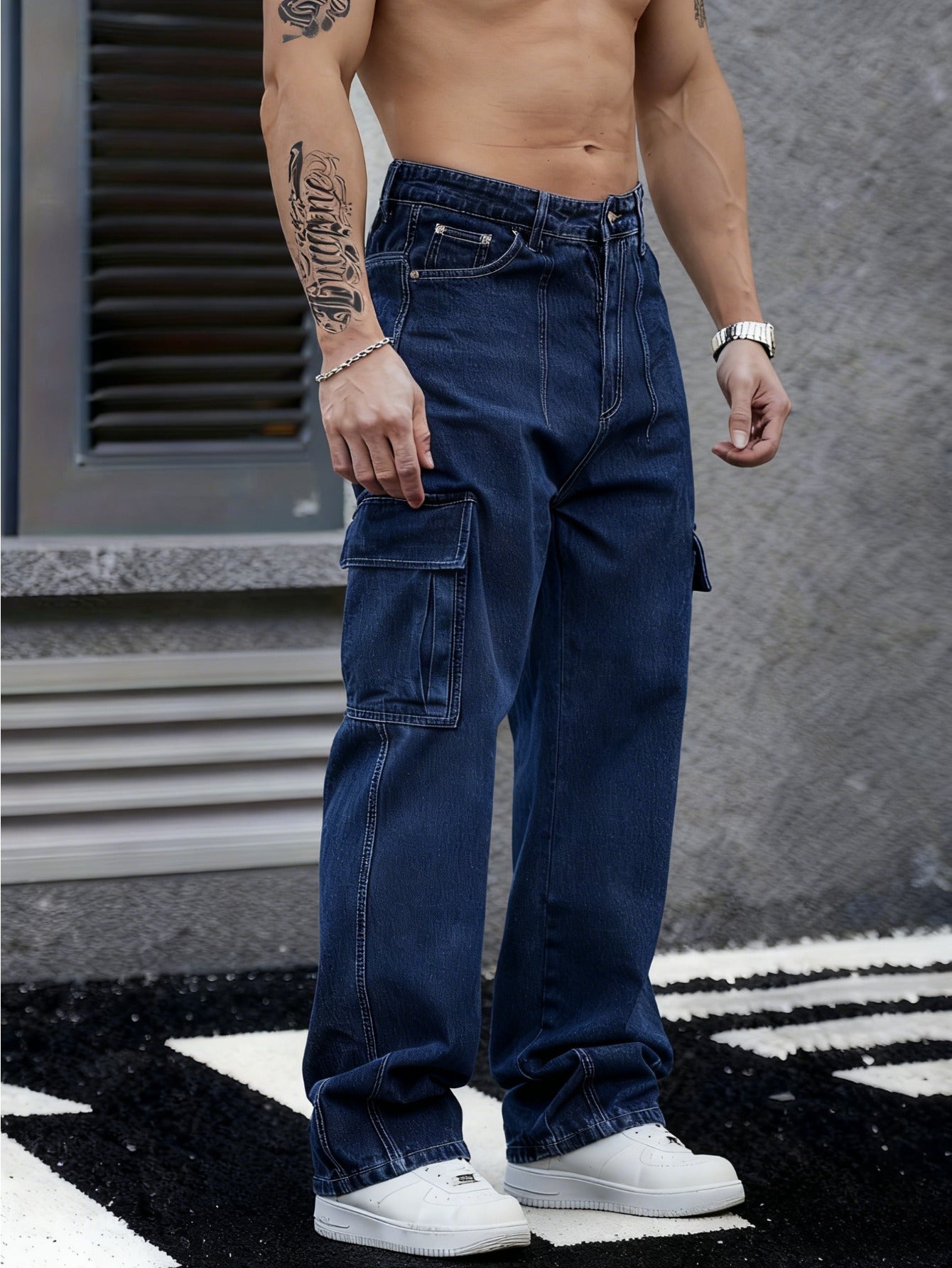Men'S Faded Dark Blue Jeans, Loose-Fitting Wide-Leg Trousers with Multiple Pockets, Suitable for Outdoor Activities And Casual Wear, Made from Durable Materials
