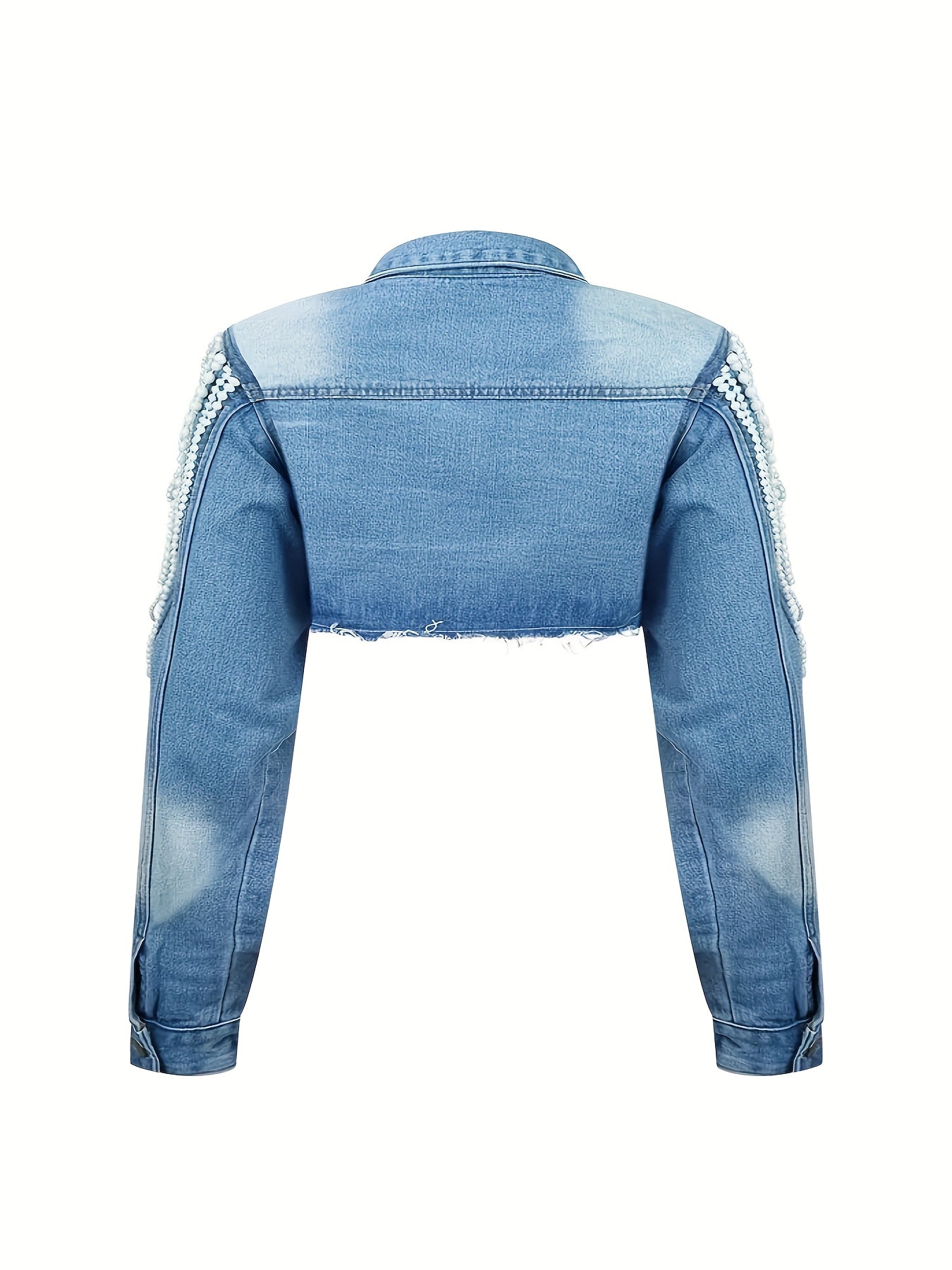 Faux Denim Jacket for Women Cropped Pearls Blue Jean Jackets Trendy Short Coat Clubwear