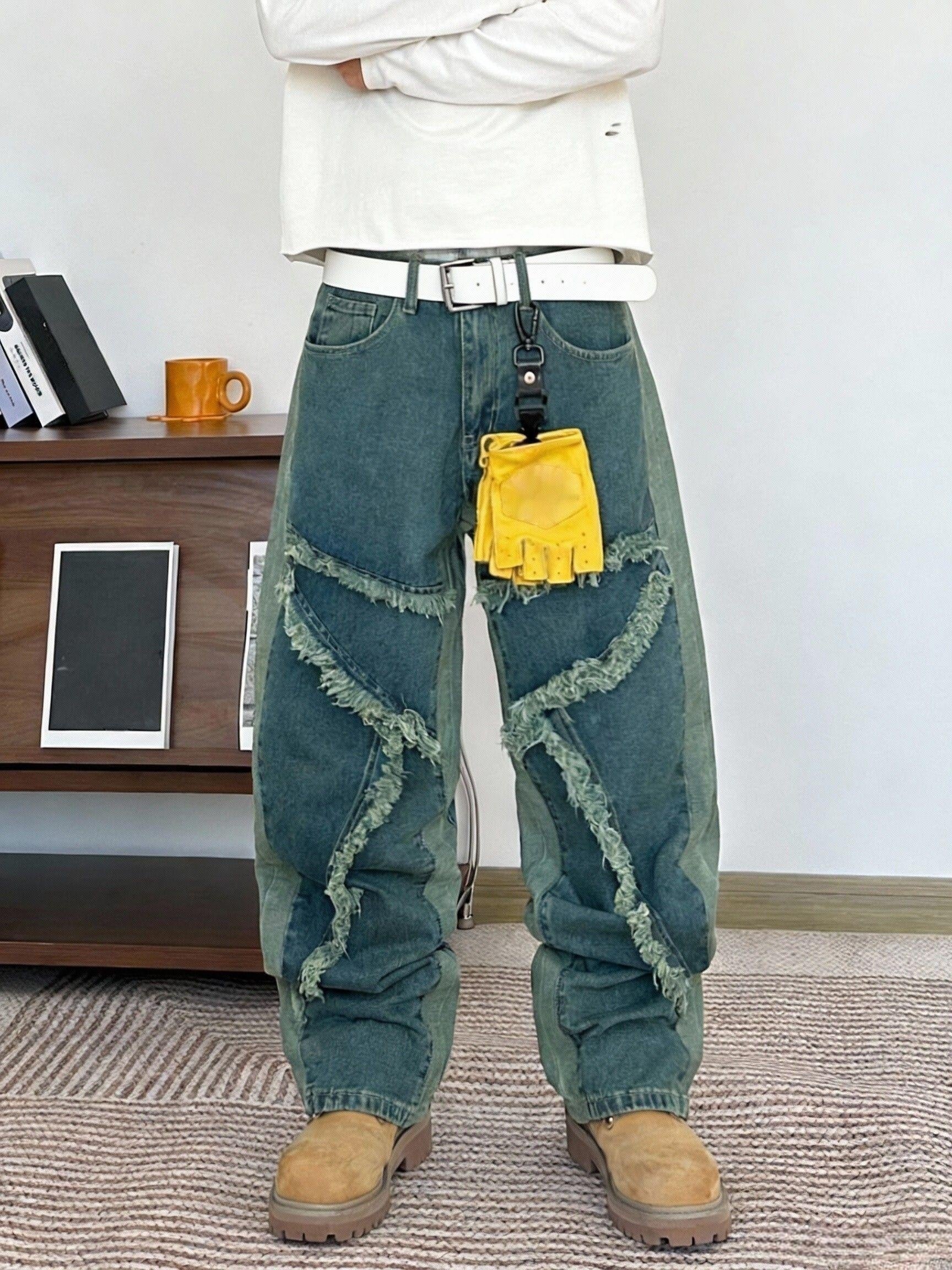 Men's Irregularly Stitched Wide Leg Jeans, Unisex Loose Jeans with Pockets, Casual Style Streetwear, Y2K Style Pants, Suitable for Men And Teenagers, Suitable for All Seasons, High Street Style