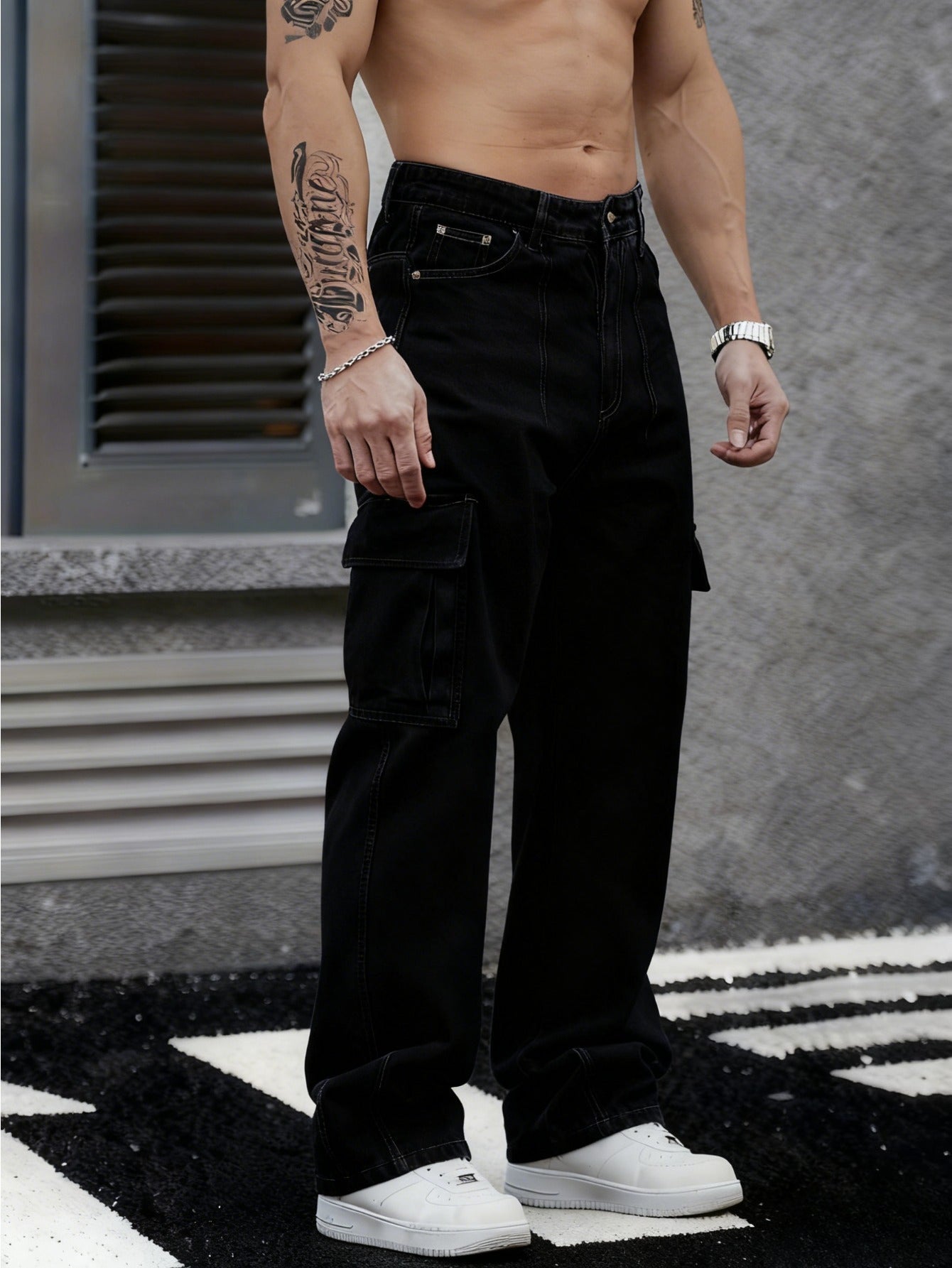 Men'S Faded Dark Blue Jeans, Loose-Fitting Wide-Leg Trousers with Multiple Pockets, Suitable for Outdoor Activities And Casual Wear, Made from Durable Materials