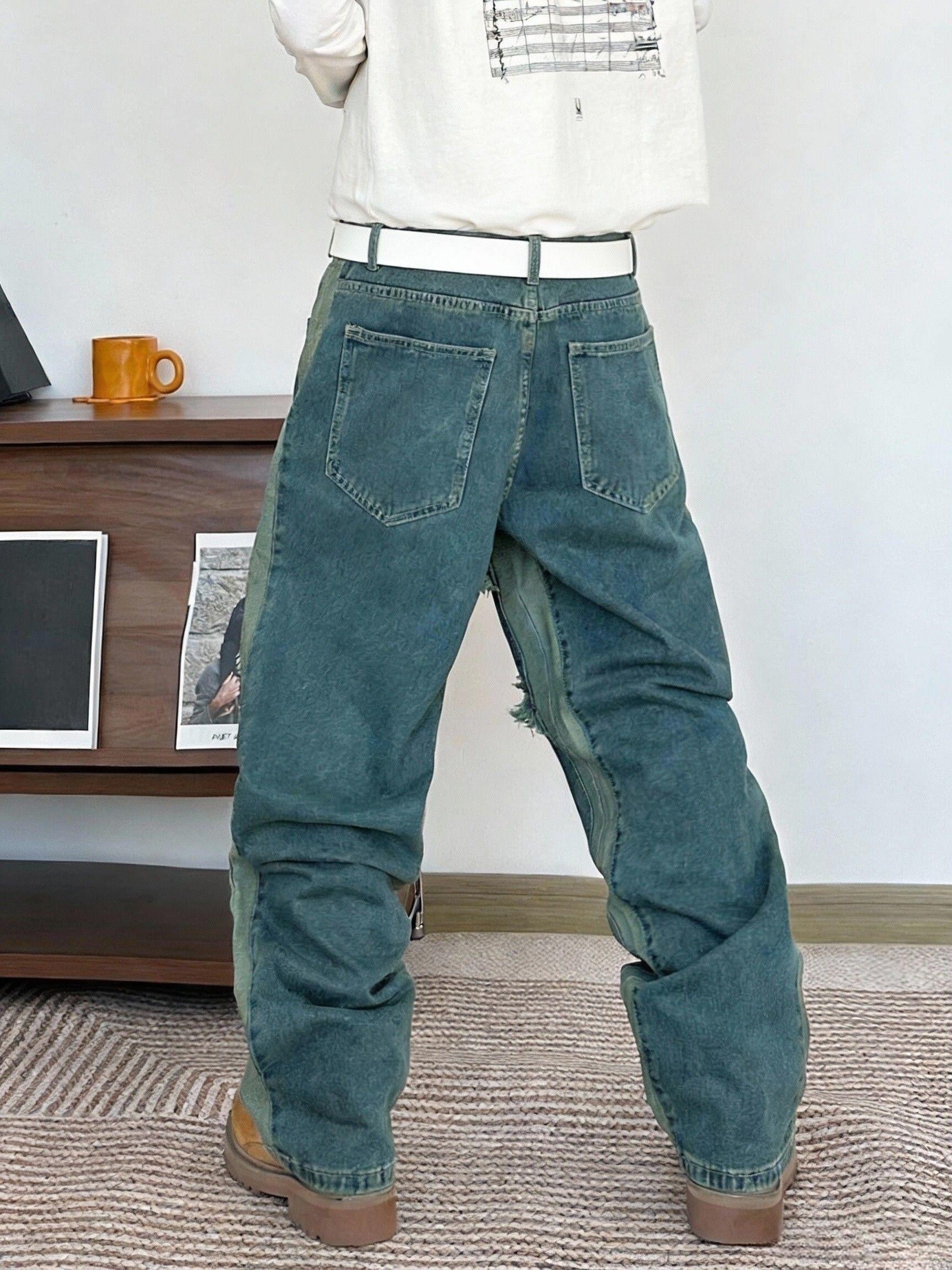 Men's Irregularly Stitched Wide Leg Jeans, Unisex Loose Jeans with Pockets, Casual Style Streetwear, Y2K Style Pants, Suitable for Men And Teenagers, Suitable for All Seasons, High Street Style