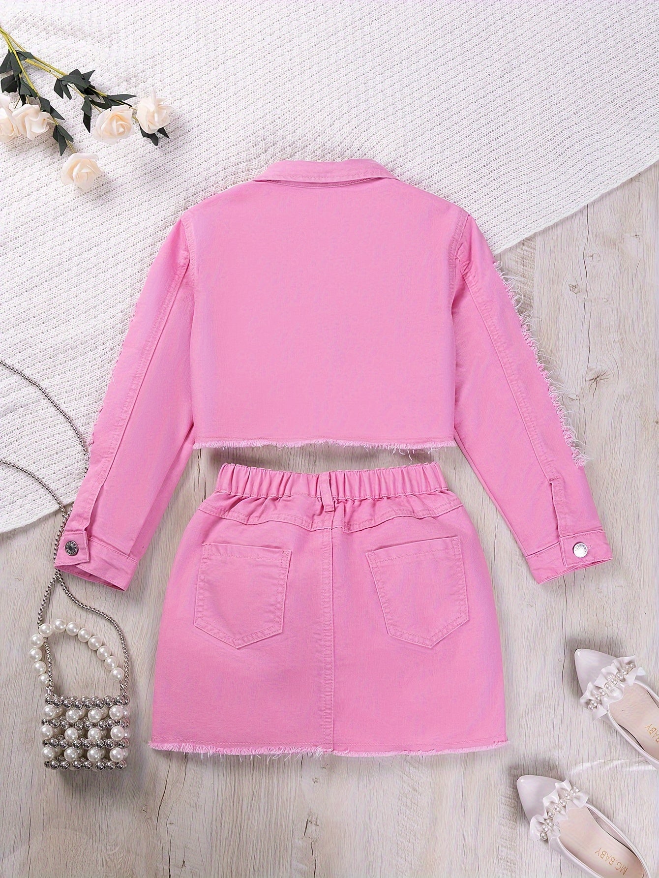 1 Set Comfy Ripped Jean Girl's Jacket Top + Skirt Co-ords Set for Spring/Summer Outdoor Outfit