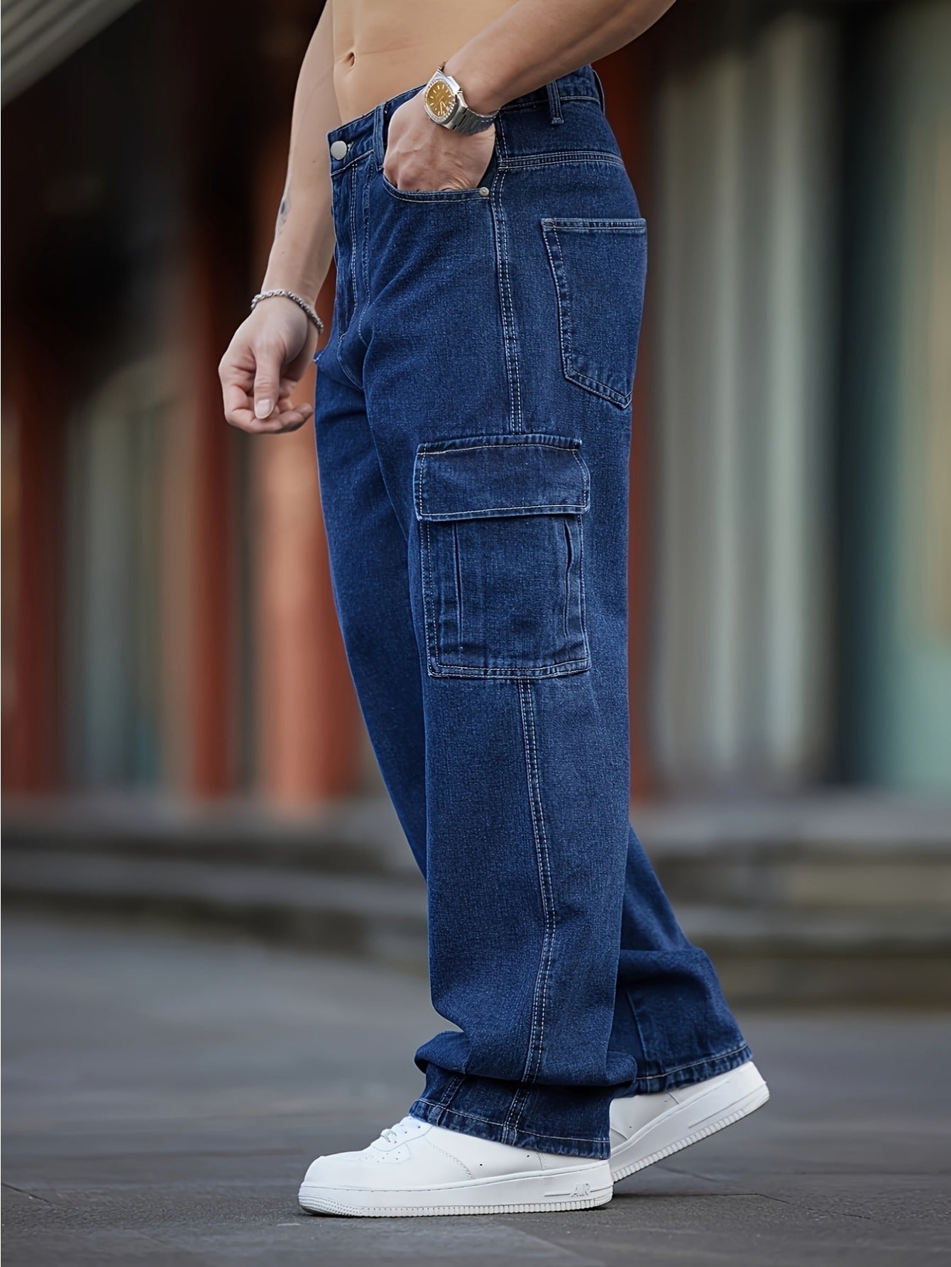 Men'S Faded Dark Blue Jeans, Loose-Fitting Wide-Leg Trousers with Multiple Pockets, Suitable for Outdoor Activities And Casual Wear, Made from Durable Materials