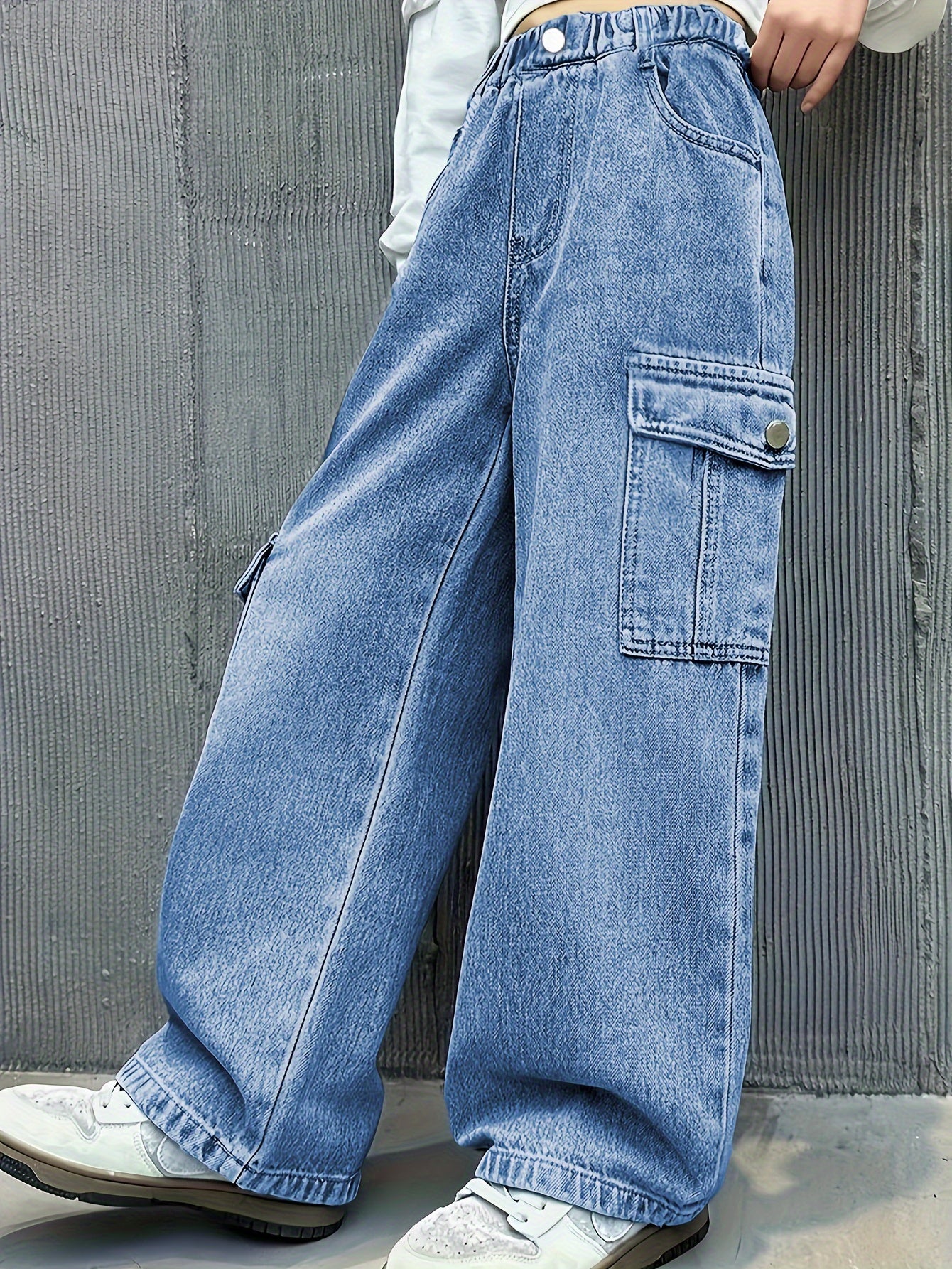 Girls Y2K Denim Jean Pants, Fashionable Straight-Leg Cargo Jeans with Multiple Pockets, Stretch Waistband, Comfortable Fabric for All Seasons, Long Length, Casual Outdoor, Skateboarding & Rollerblading, for Ages 7-15