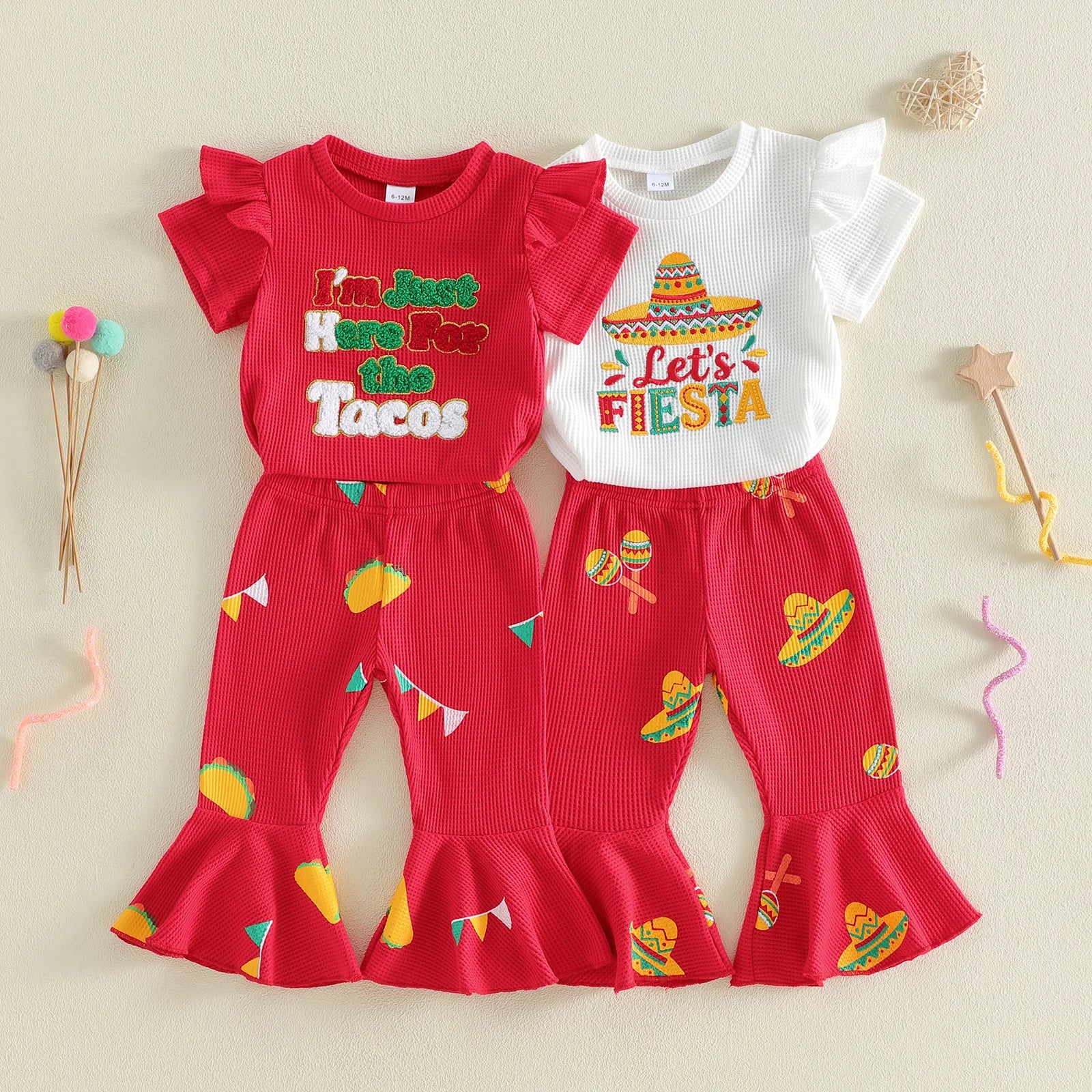 Kids Girl Summer Outfits Sombrero Embroidery Print Short Sleeves T-Shirt and Elastic Flare Pants 2 Piece Clothes