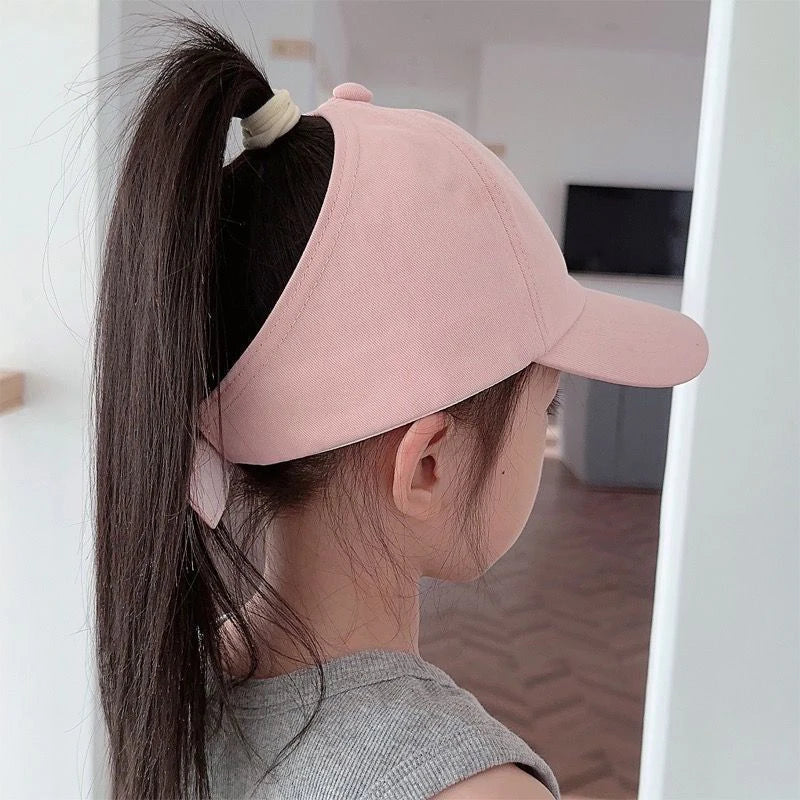 Summer Children Sun Hat Girls Ponytail Duckbill Hats 5-10Year Kids Empty Top Baseball Cap Embroidery Love Baby Sunshade Visors