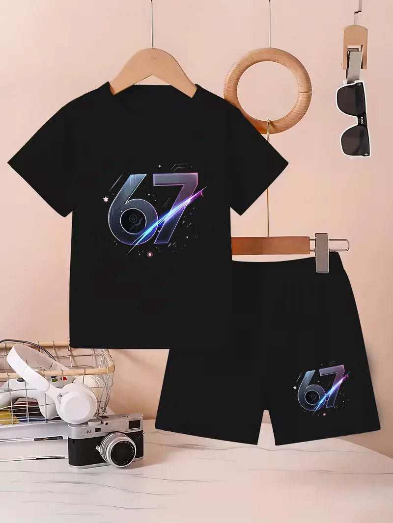 Children's Summer Set,Short-Sleeved Shorts.Colorful 67 Print 2-Piece Set, Perfect Casual Daily Outdoor Activities,Birthday Gift