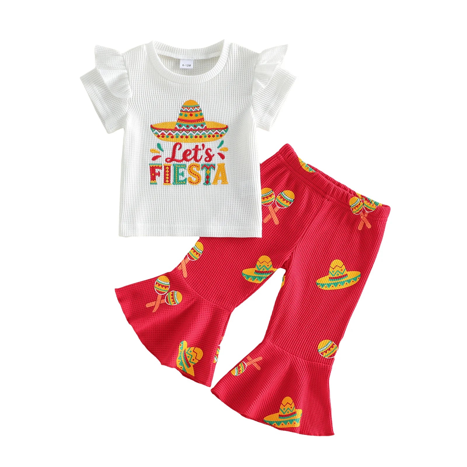 Kids Girl Summer Outfits Sombrero Embroidery Print Short Sleeves T-Shirt and Elastic Flare Pants 2 Piece Clothes