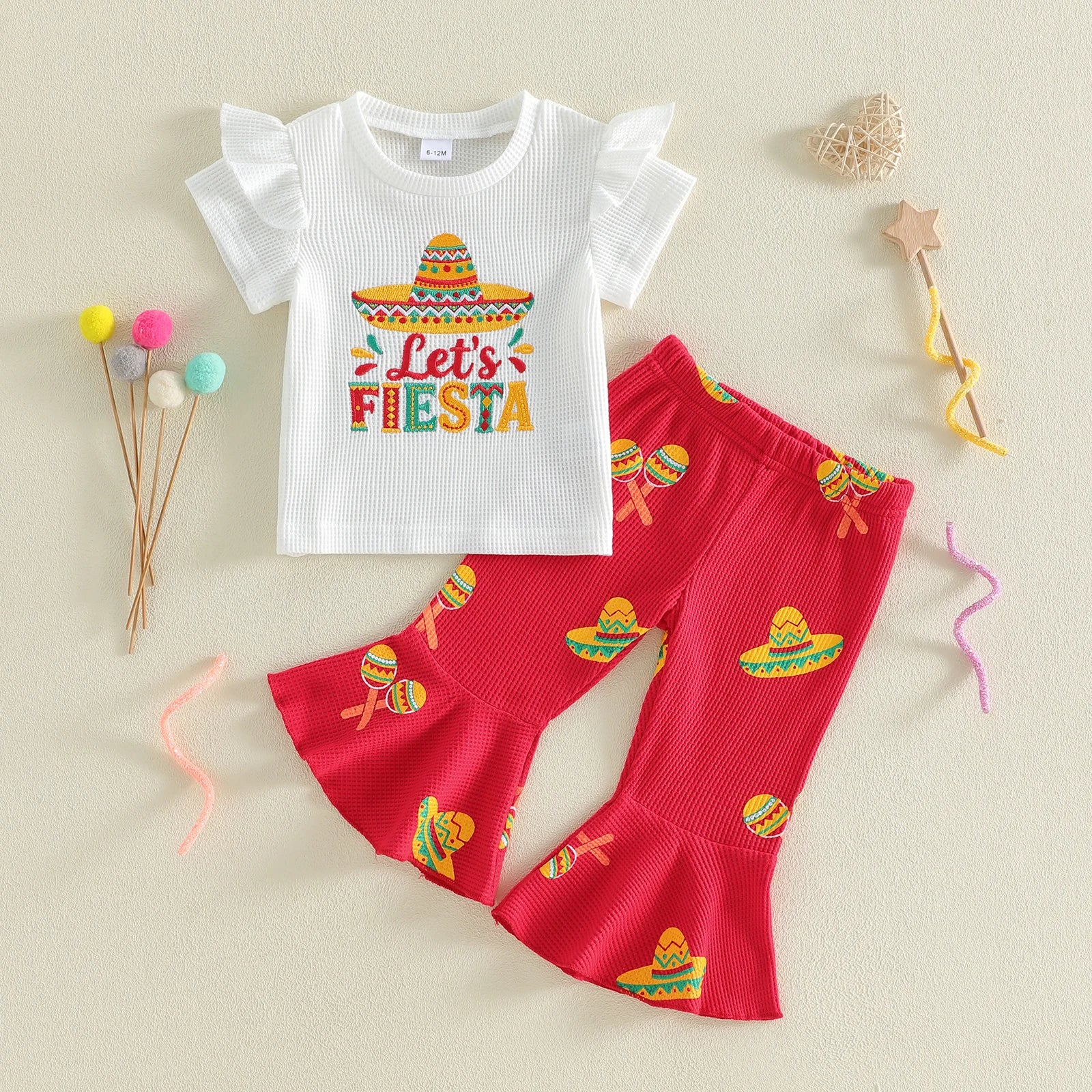 Kids Girl Summer Outfits Sombrero Embroidery Print Short Sleeves T-Shirt and Elastic Flare Pants 2 Piece Clothes