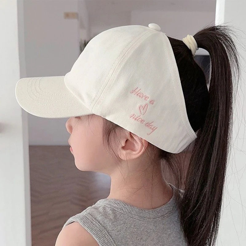Summer Children Sun Hat Girls Ponytail Duckbill Hats 5-10Year Kids Empty Top Baseball Cap Embroidery Love Baby Sunshade Visors