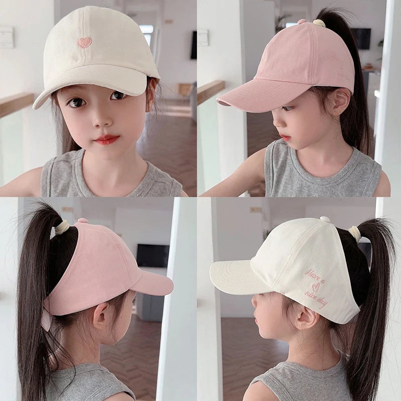 Summer Children Sun Hat Girls Ponytail Duckbill Hats 5-10Year Kids Empty Top Baseball Cap Embroidery Love Baby Sunshade Visors