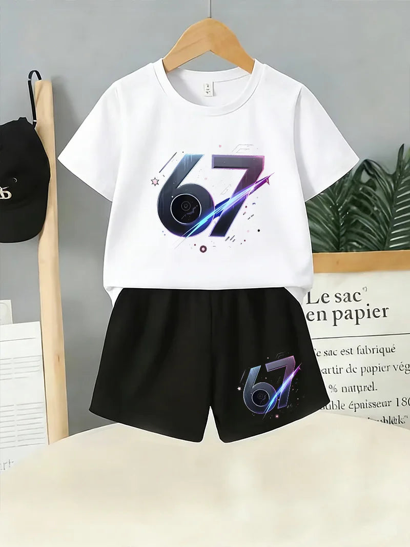 Children's Summer Set,Short-Sleeved Shorts.Colorful 67 Print 2-Piece Set, Perfect Casual Daily Outdoor Activities,Birthday Gift