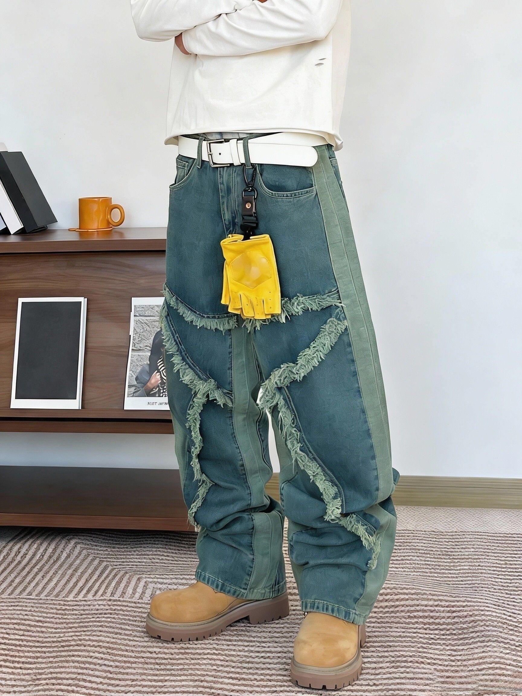 Men's Irregularly Stitched Wide Leg Jeans, Unisex Loose Jeans with Pockets, Casual Style Streetwear, Y2K Style Pants, Suitable for Men And Teenagers, Suitable for All Seasons, High Street Style