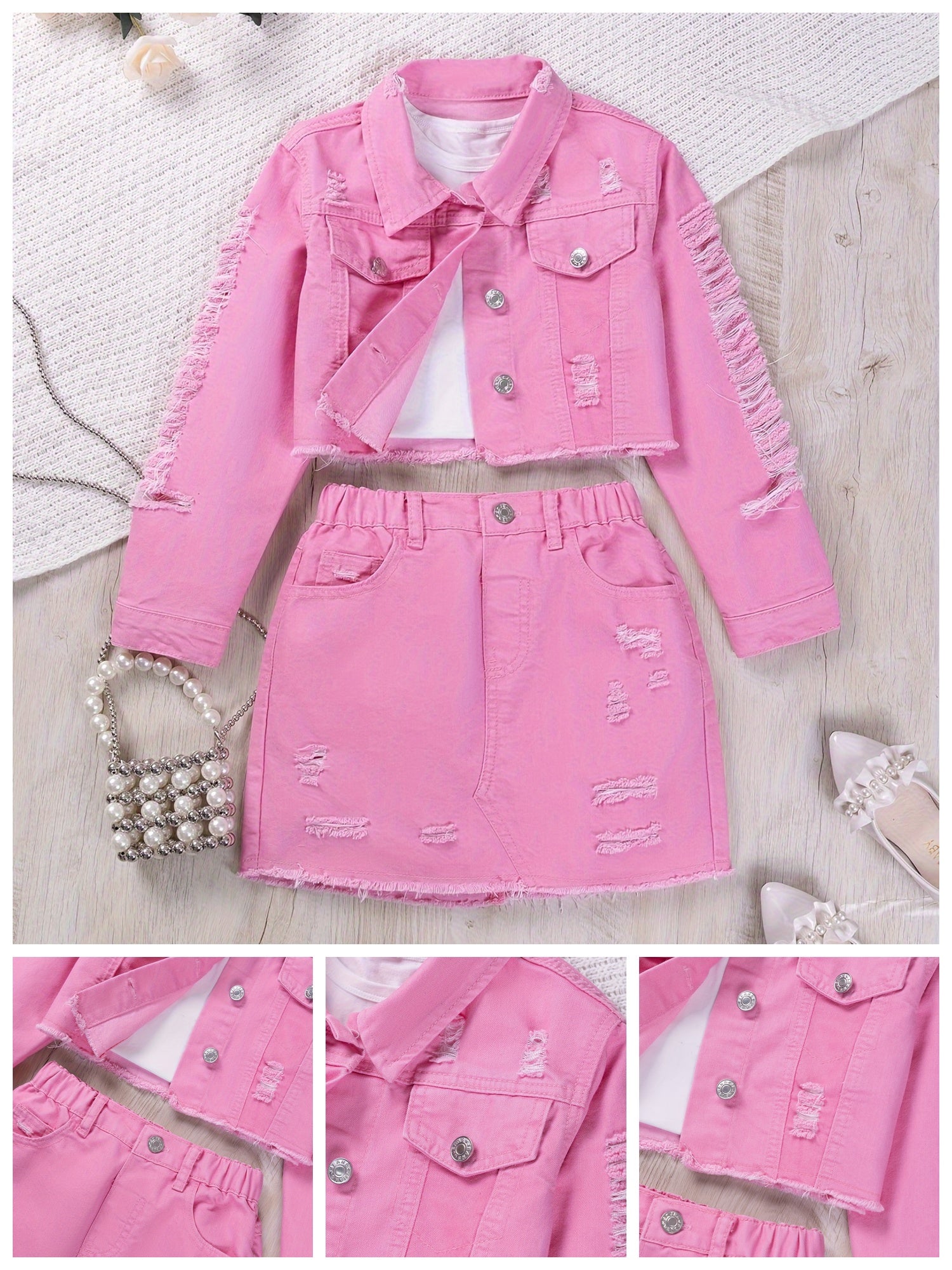 1 Set Comfy Ripped Jean Girl's Jacket Top + Skirt Co-ords Set for Spring/Summer Outdoor Outfit