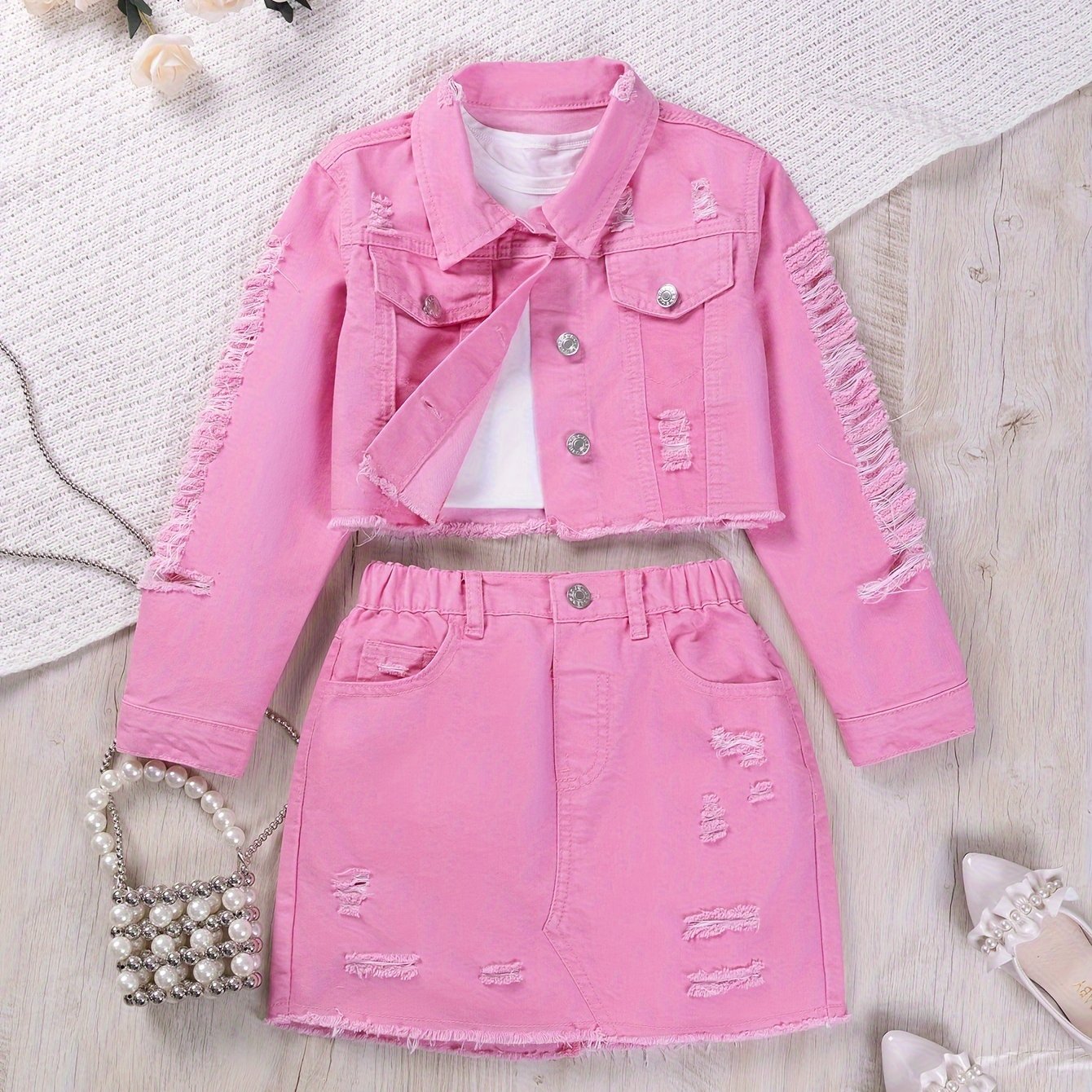 1 Set Comfy Ripped Jean Girl's Jacket Top + Skirt Co-ords Set for Spring/Summer Outdoor Outfit