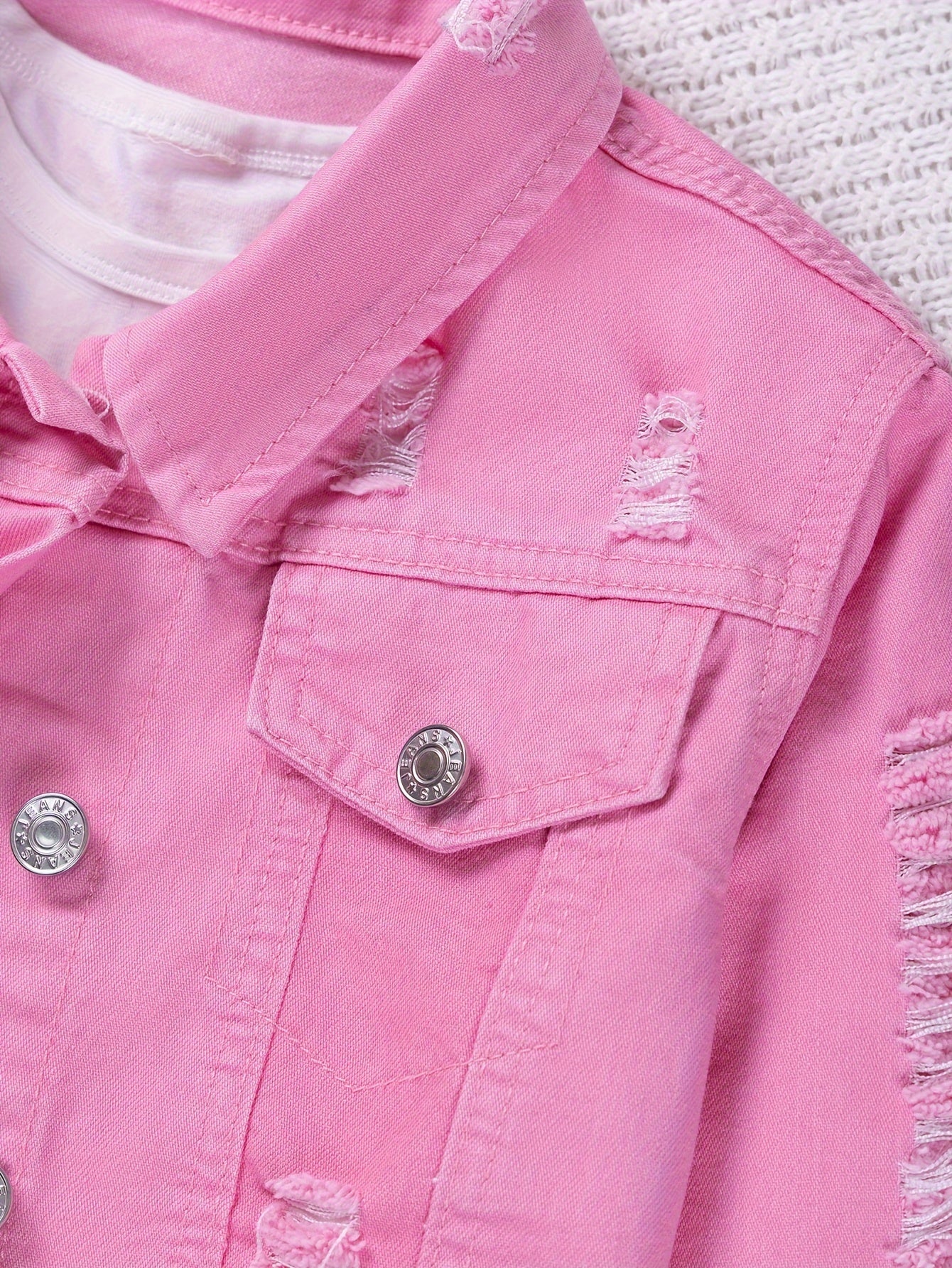 1 Set Comfy Ripped Jean Girl's Jacket Top + Skirt Co-ords Set for Spring/Summer Outdoor Outfit