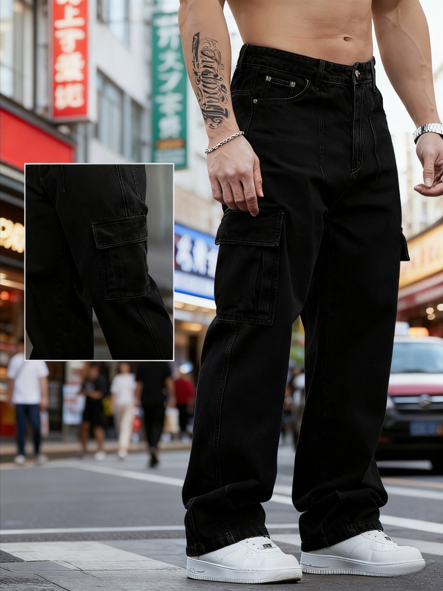 Men'S Faded Dark Blue Jeans, Loose-Fitting Wide-Leg Trousers with Multiple Pockets, Suitable for Outdoor Activities And Casual Wear, Made from Durable Materials