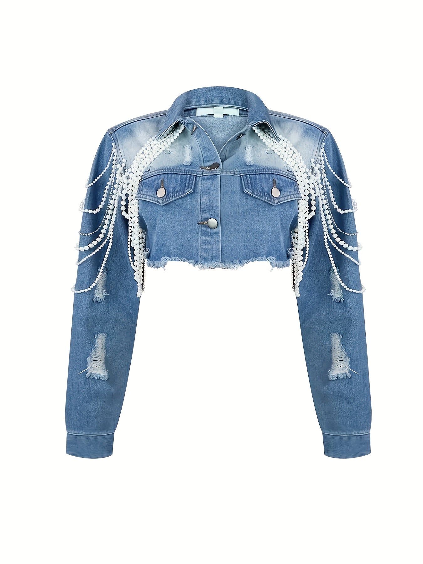 Faux Denim Jacket for Women Cropped Pearls Blue Jean Jackets Trendy Short Coat Clubwear