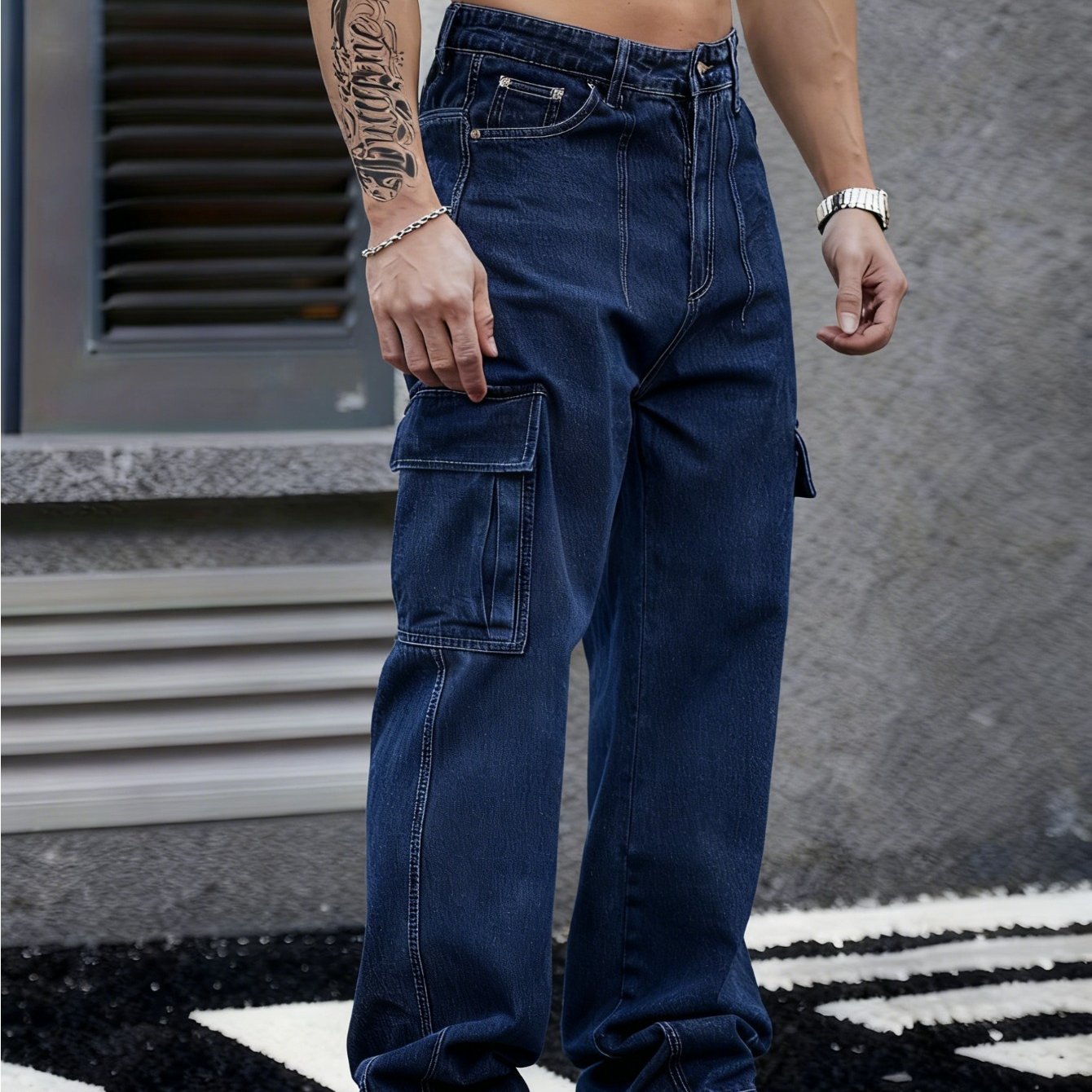 Men'S Faded Dark Blue Jeans, Loose-Fitting Wide-Leg Trousers with Multiple Pockets, Suitable for Outdoor Activities And Casual Wear, Made from Durable Materials