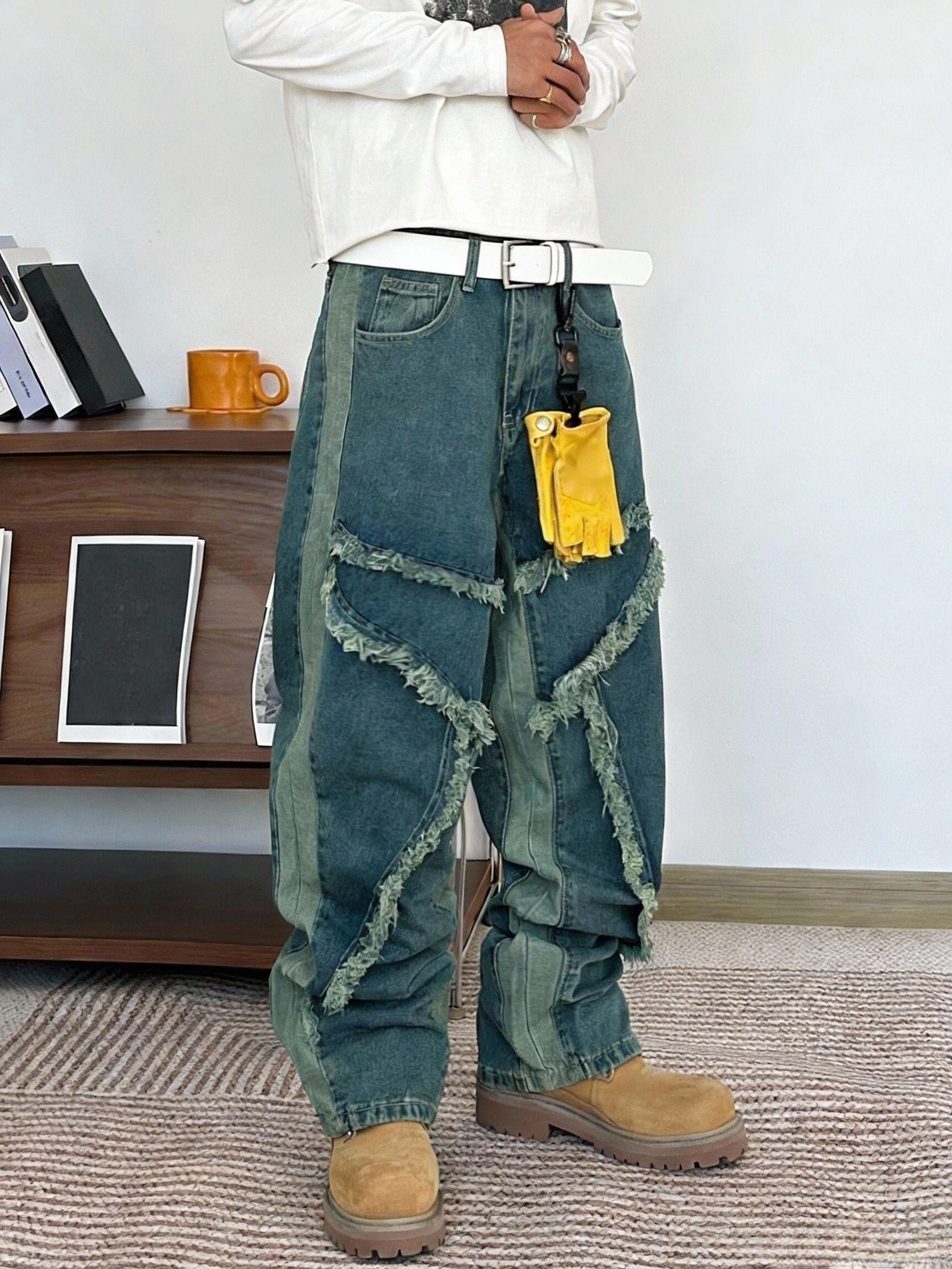 Men's Irregularly Stitched Wide Leg Jeans, Unisex Loose Jeans with Pockets, Casual Style Streetwear, Y2K Style Pants, Suitable for Men And Teenagers, Suitable for All Seasons, High Street Style