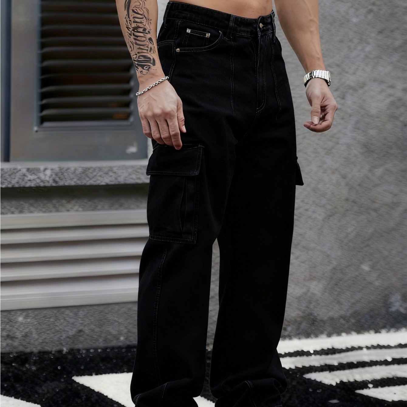 Men'S Faded Dark Blue Jeans, Loose-Fitting Wide-Leg Trousers with Multiple Pockets, Suitable for Outdoor Activities And Casual Wear, Made from Durable Materials