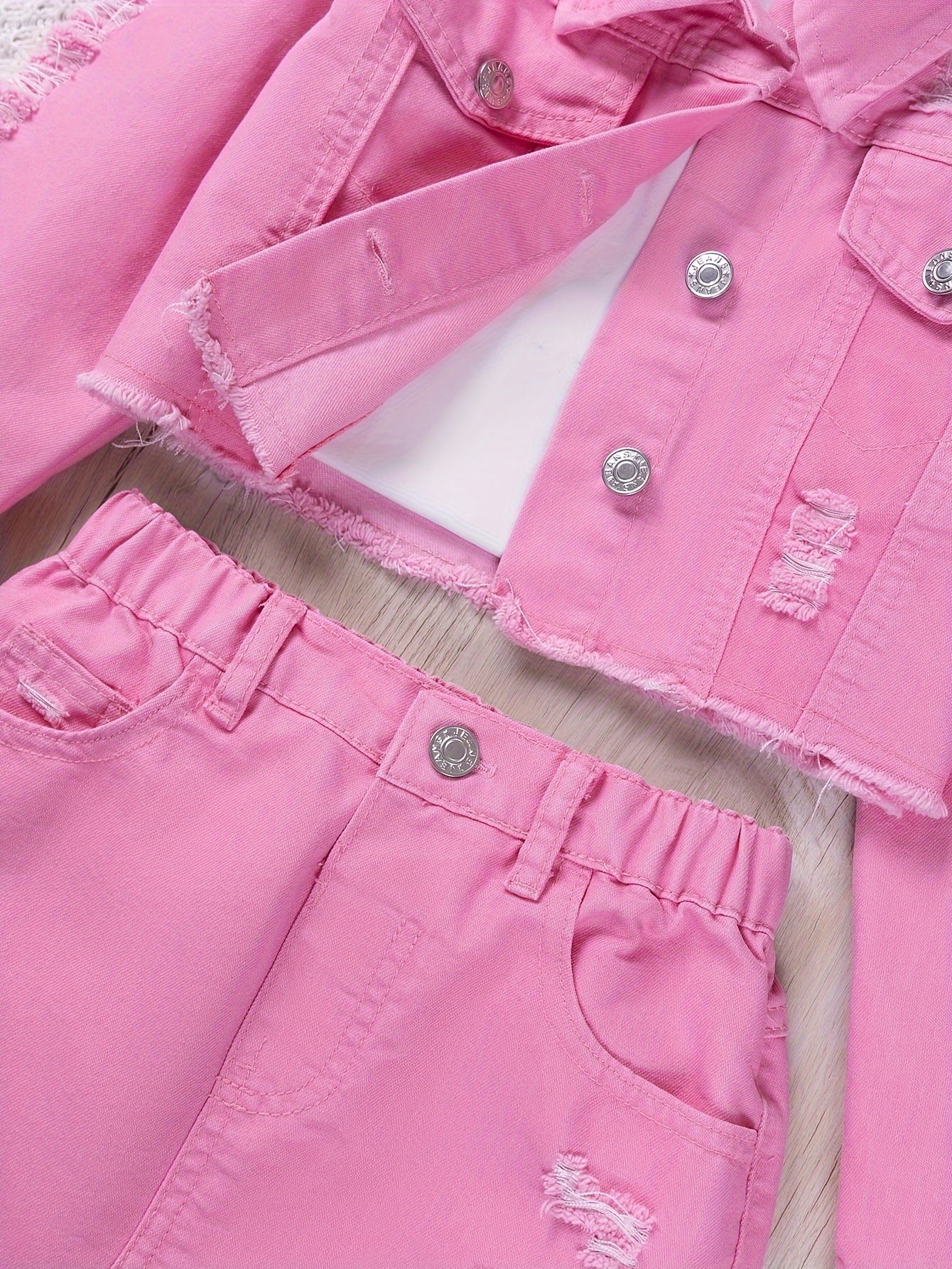 1 Set Comfy Ripped Jean Girl's Jacket Top + Skirt Co-ords Set for Spring/Summer Outdoor Outfit